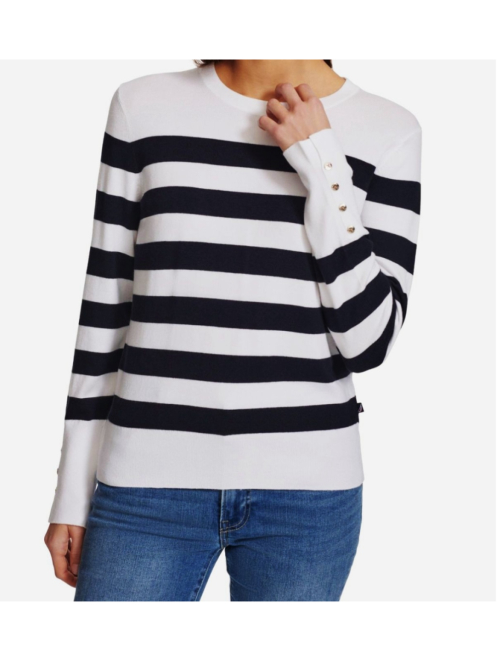 Nautica Jeans Women's Large Black & White Striped Button-Cuff Sweater NWT